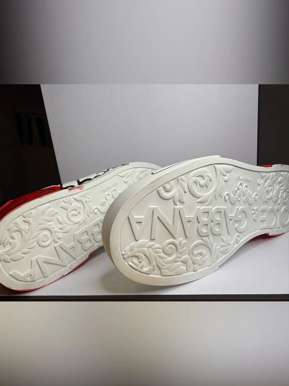 Dolce & Gabbana White Leather Sneakers with Black Script and Red patent Heel Tab